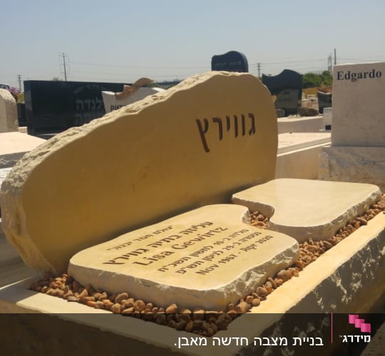 מצבה עם כיתוב בעברית ואנגלית, אבנים קטנות מסביב